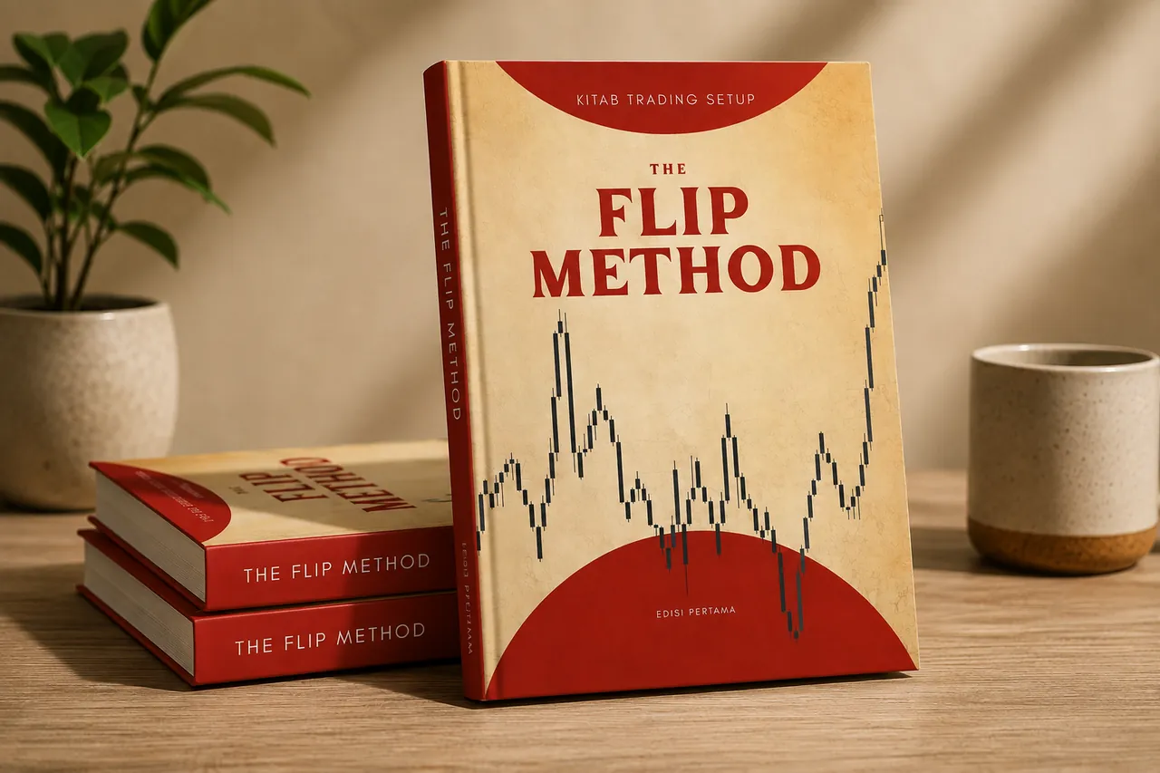Kitab The FLIP Method, kulit merah dan krim dengan candlestick chart
